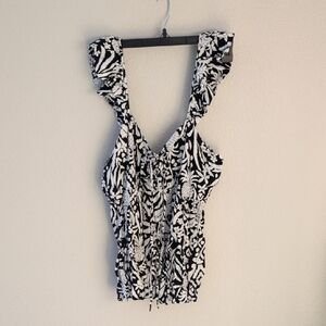 LOFT Black and White Floral Pineapple Tie-Front Tank